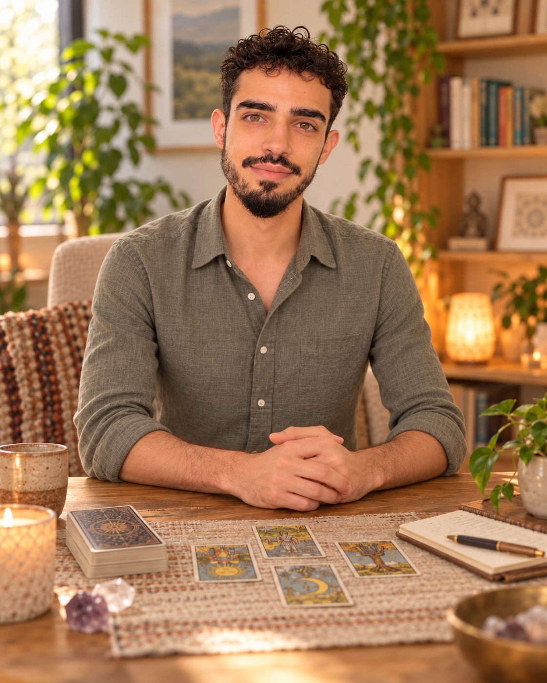 Rhuan Satírio à mesa de atendimento com cartas de tarô
